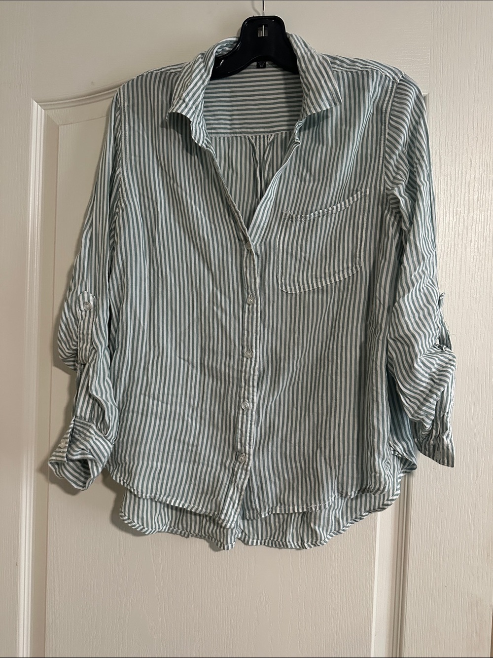 Women’s Mint green & White Striped Button-Up Shirt adjustable sleeves